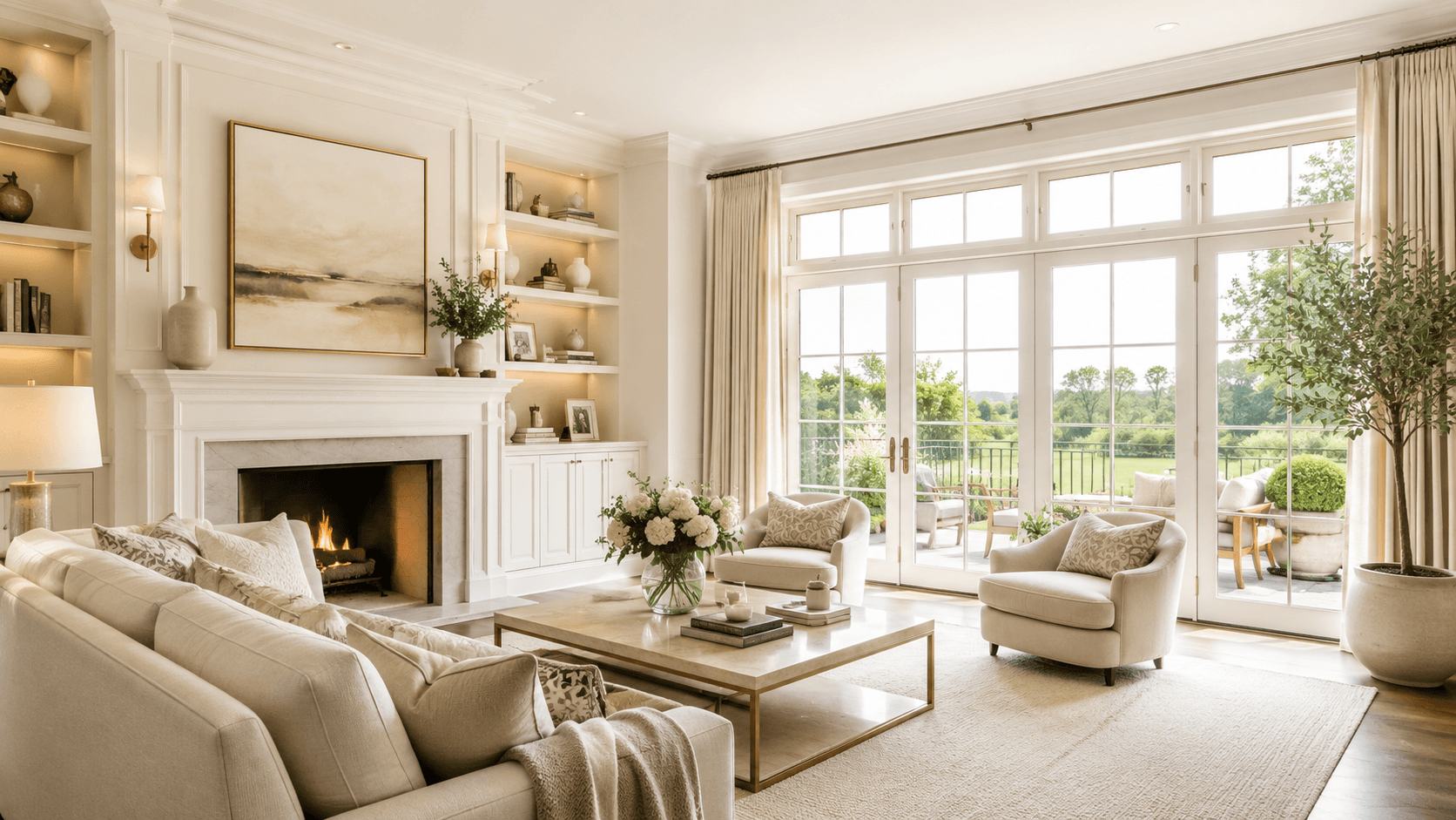 Bright luxury living room with warm neutral furnishings